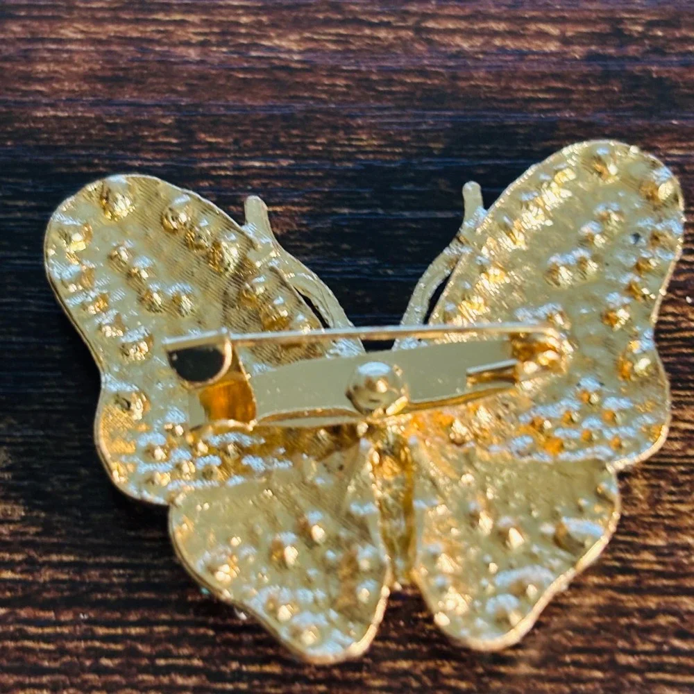 Gold Tone Blue Teal Rhinestone Butterfly Brooch Pin Statement Jewelry